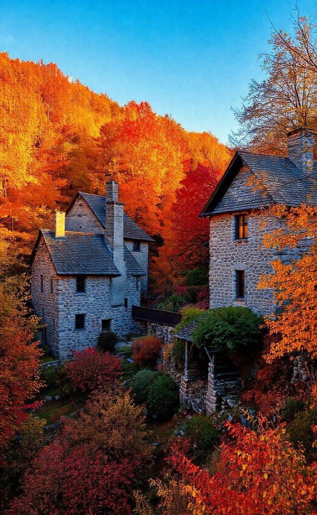 Stone houses surrounded by autumn forest with vibrant orange and red foliage