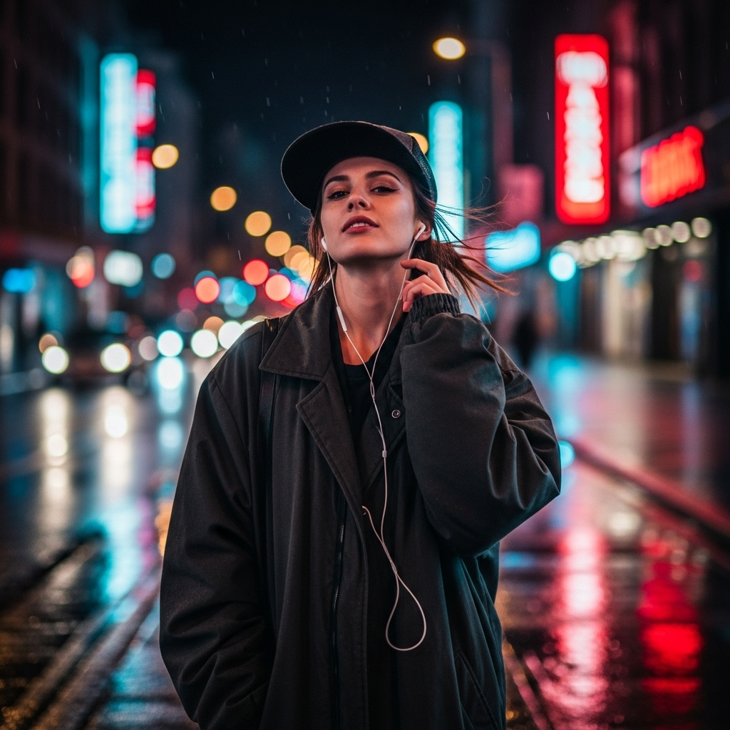 Trendy young woman in oversized coat listening to music on rainy neon city street