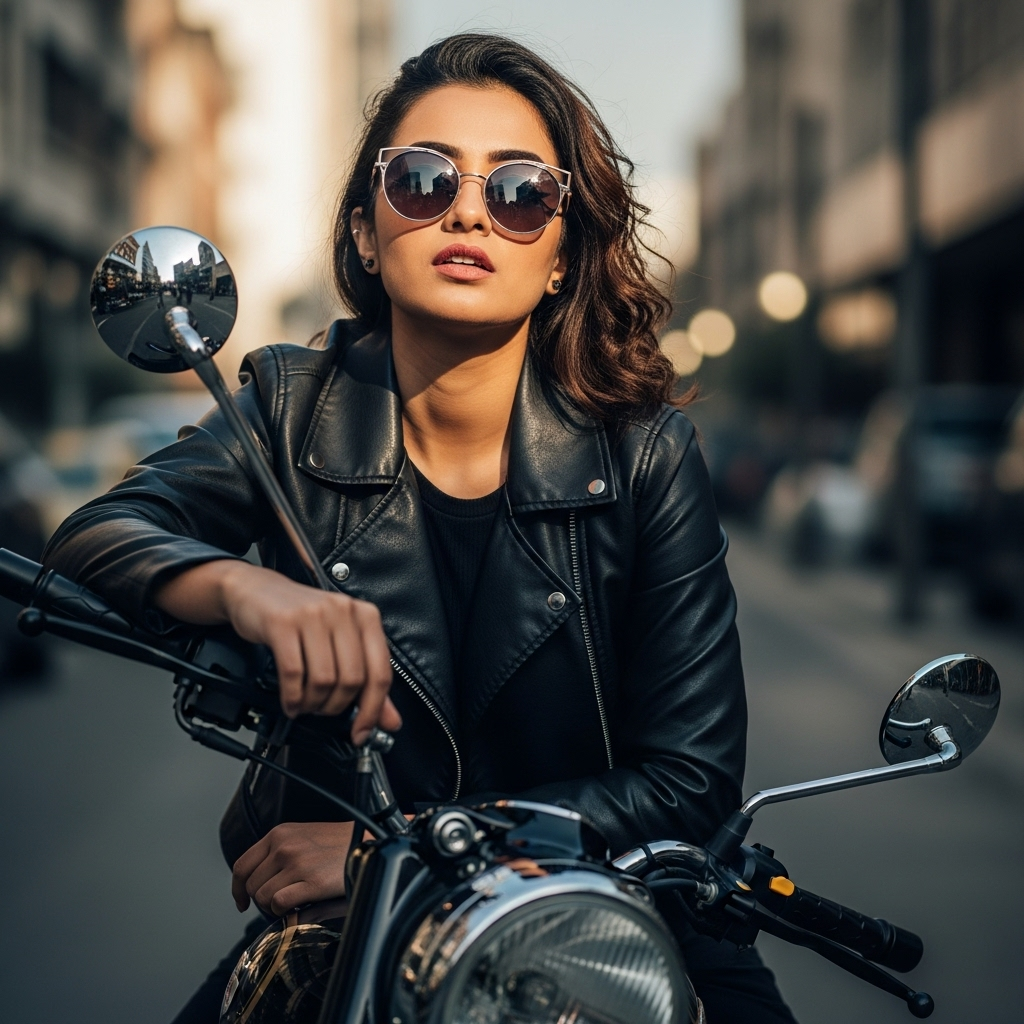 Stylish girl wearing sunglasses and leather jacket sitting on motorcycle in city street