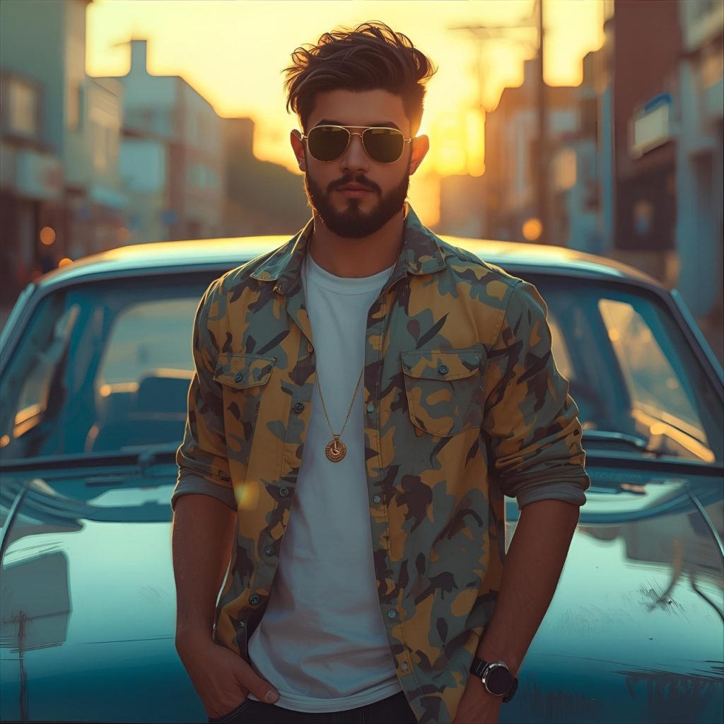 Stylish man in sunglasses and camouflage shirt posing near car at sunset