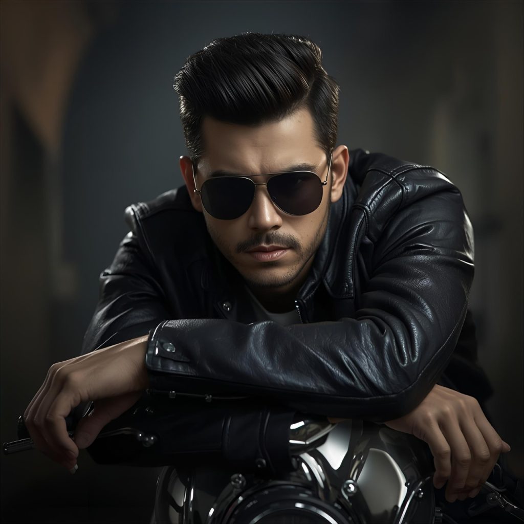 Confident stylish man in black leather jacket wearing sunglasses sitting on motorcycle