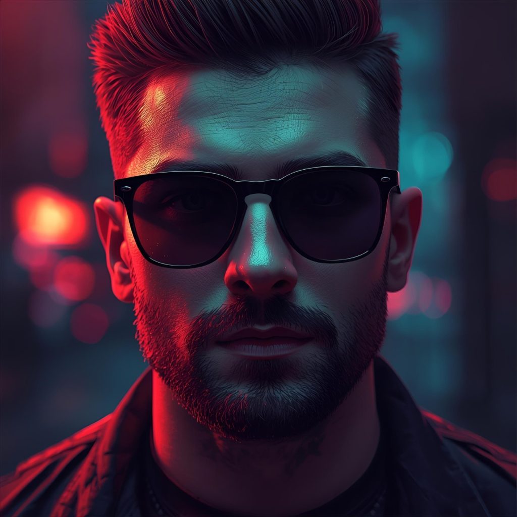 Stylish man wearing sunglasses with neon red and blue lights in urban night portrait