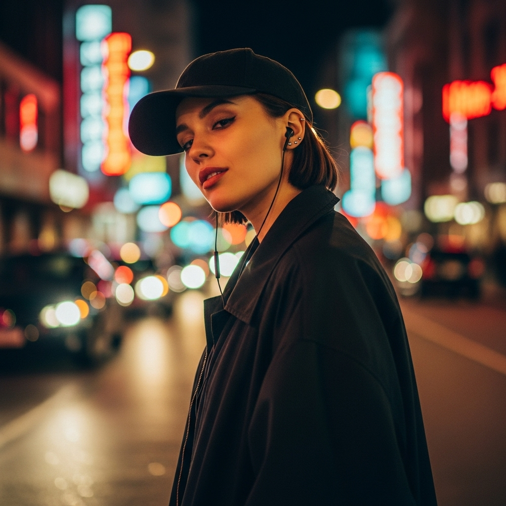 Stylish young woman with earphones walking at night under neon city lights