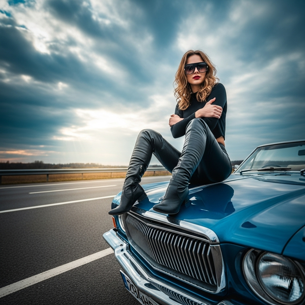 Stylish woman in black leather outfit sitting on classic blue car on highway