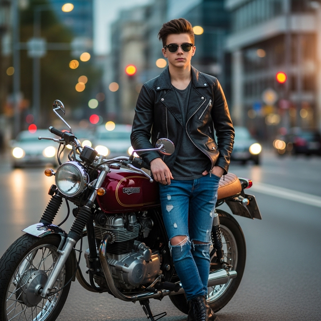 Stylish young man in leather jacket posing with classic motorcycle on urban street at dusk.