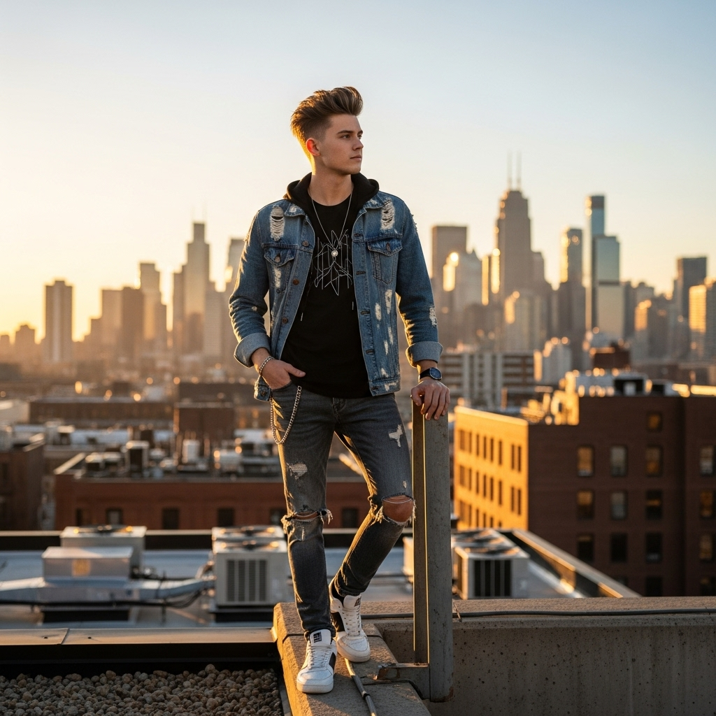 Confident young man with quiff hairstyle in distressed denim jacket and ripped jeans, leaning on rooftop rail with Chicago skyline at golden sunset.