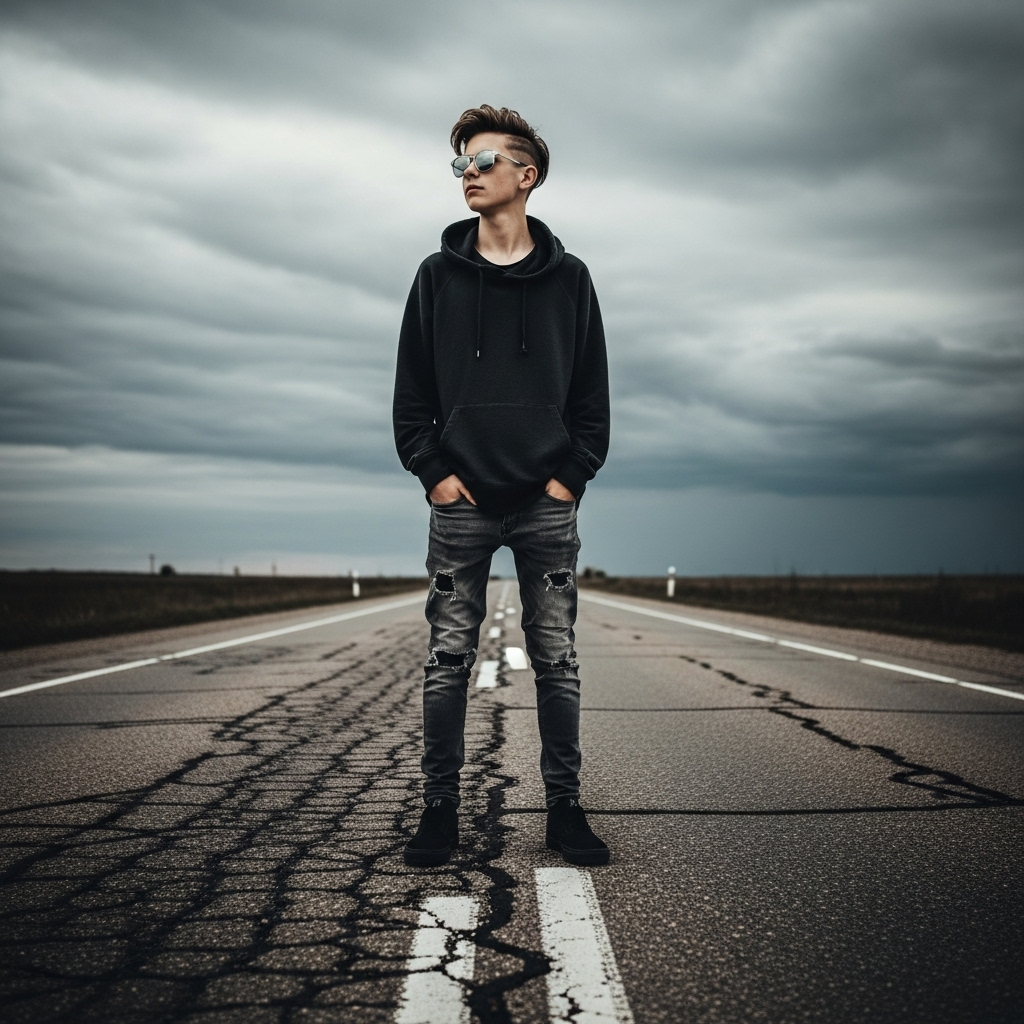 Confident young man with quiff hairstyle wearing reflective sunglasses, black hoodie, ripped jeans, standing on cracked rural road under overcast gray clouds.