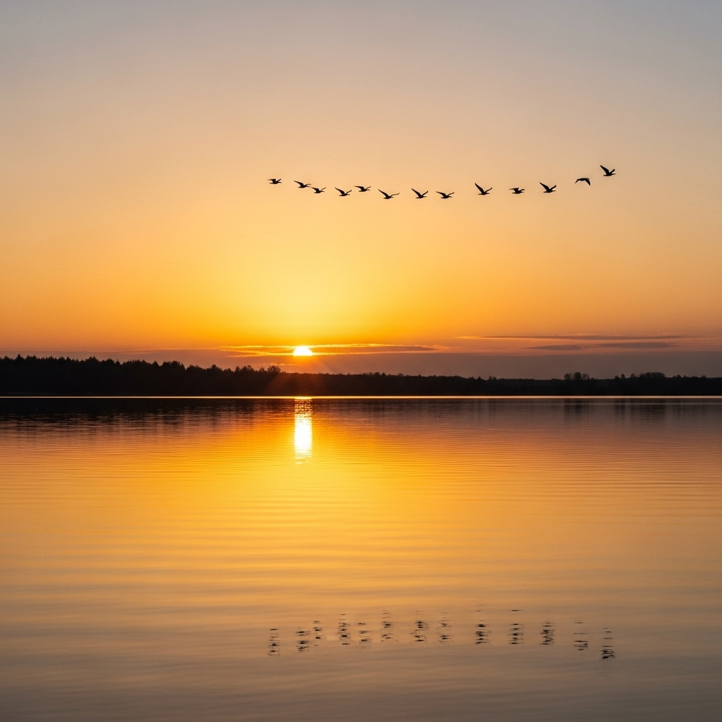 Silhouette of birds flying in a V-shape over a calm lake at sunset with a golden reflection.