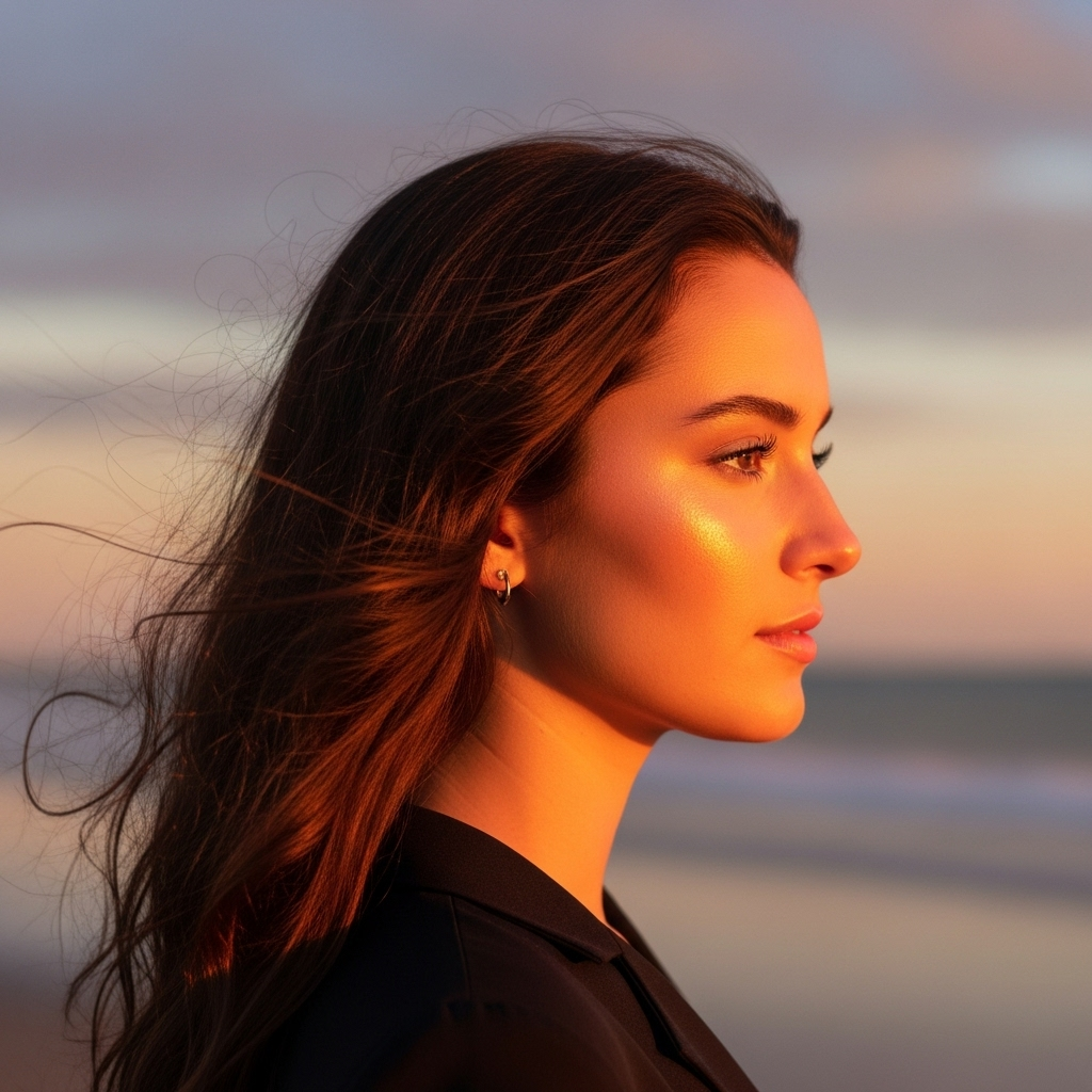 Beautiful woman portrait at beach sunset with glowing golden hour light