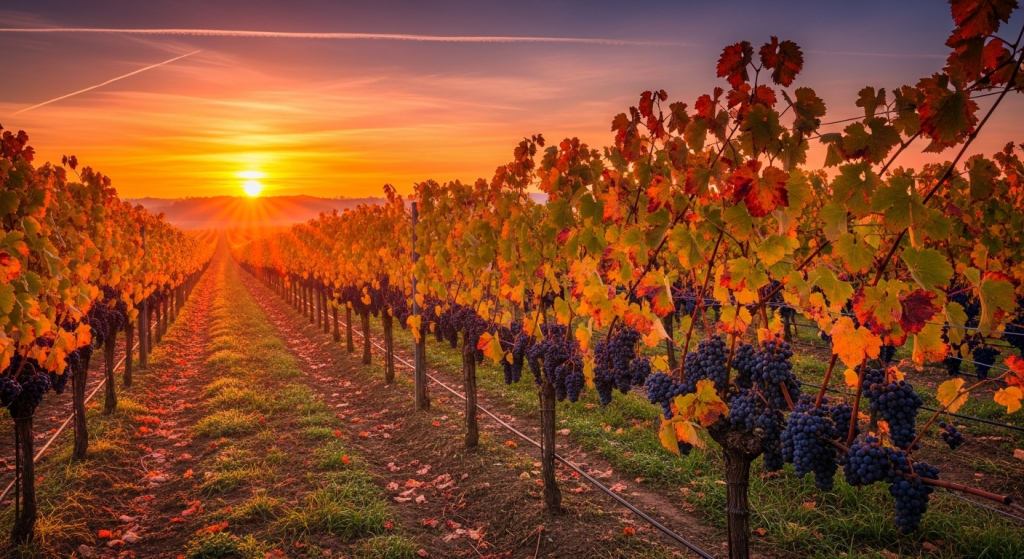 Beautiful vineyard with ripe grapes and autumn leaves during golden sunset landscape view.