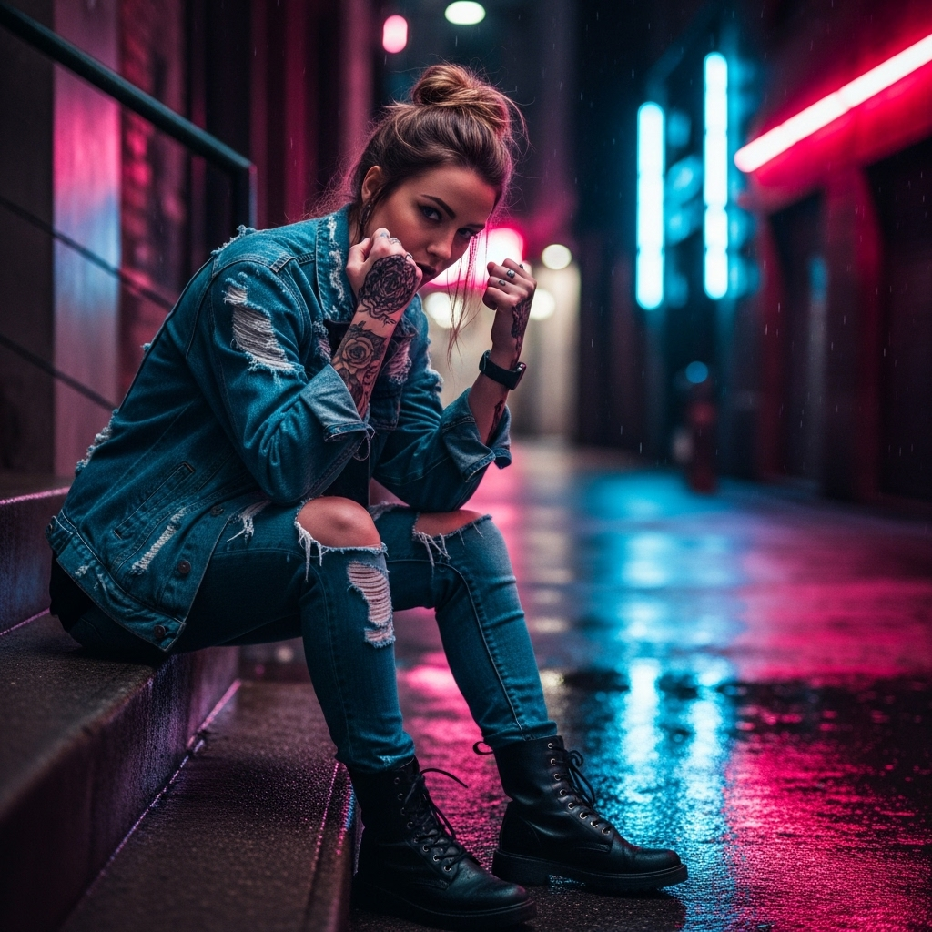 Tattooed woman in ripped denim jacket sitting on street steps under neon lights