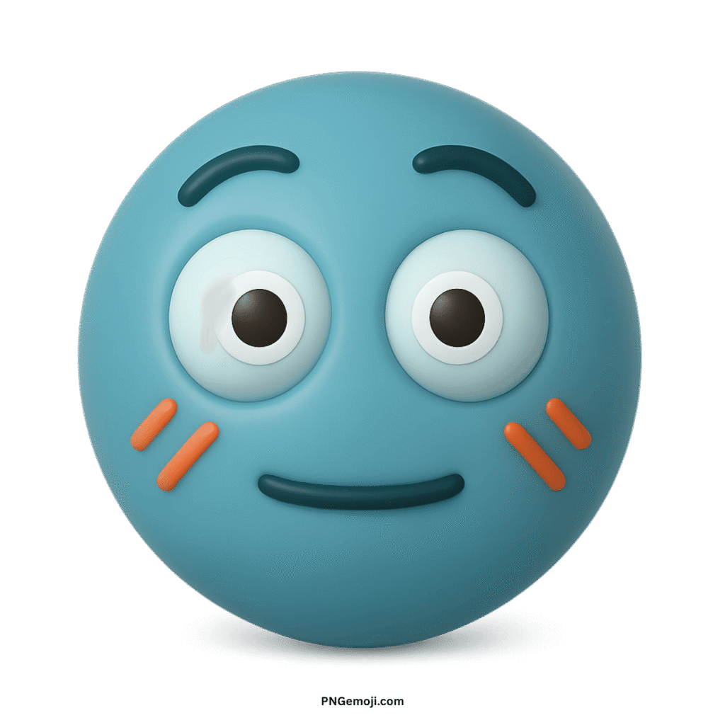 Teal flushed 3D emoji with wide eyes, slight smile, and orange cheek marks.