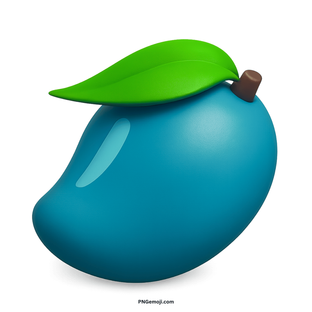 Teal mango emoji 3D tropical fruit icon with green leaf and glossy texture