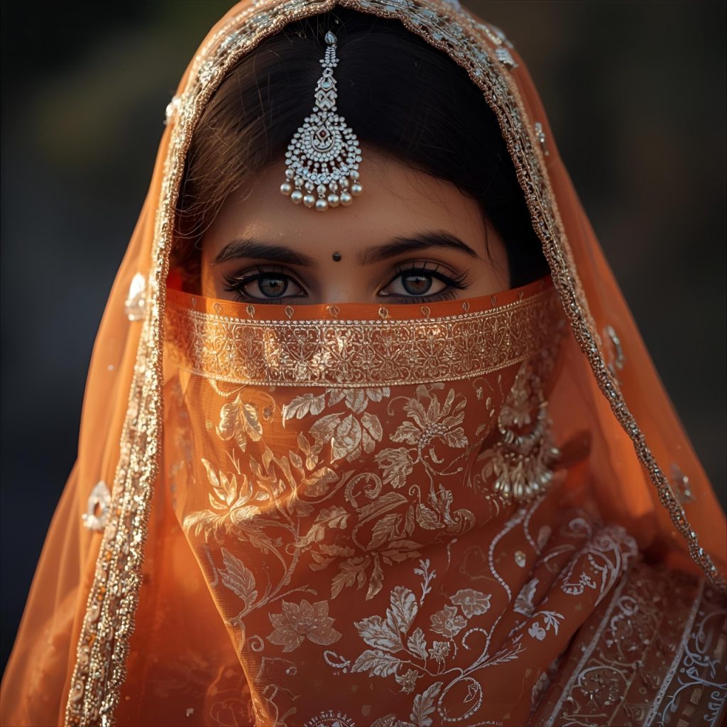 Traditional Indian woman in orange sari with veil, intricate gold embroidery, maang tikka jewelry, intense gaze.