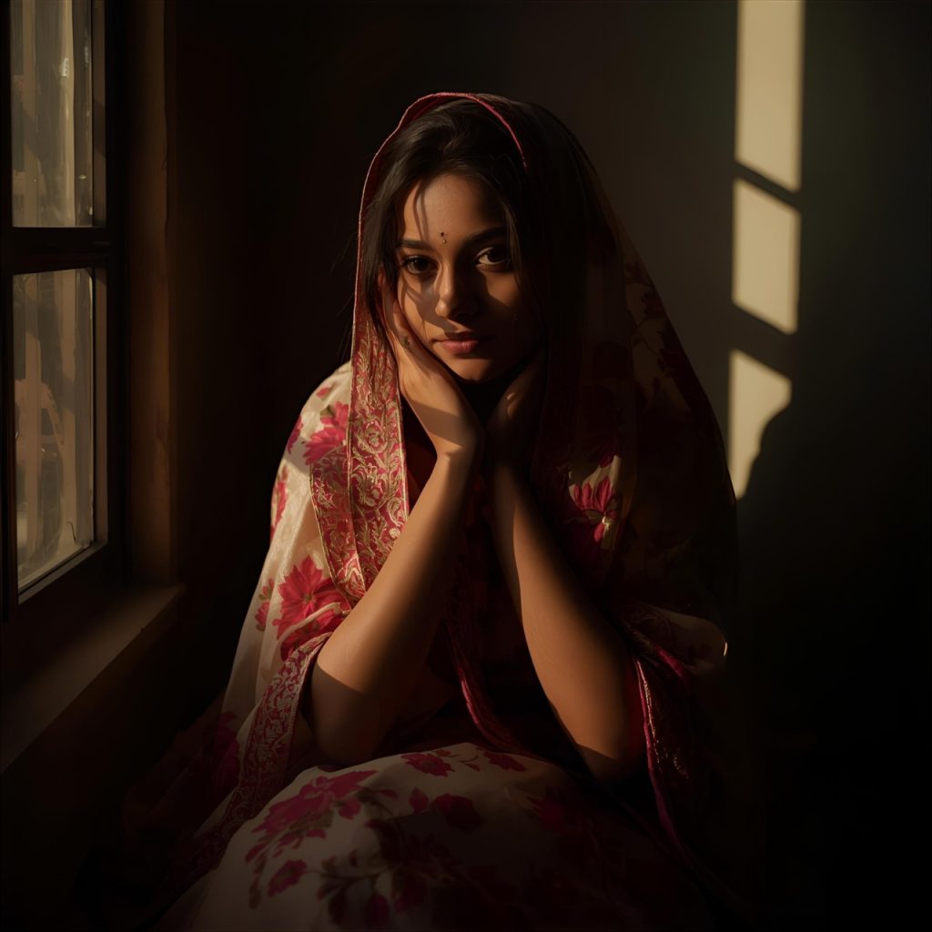 Traditional Indian woman in floral sari with hands near face, soft window light, elegant indoor portrait.