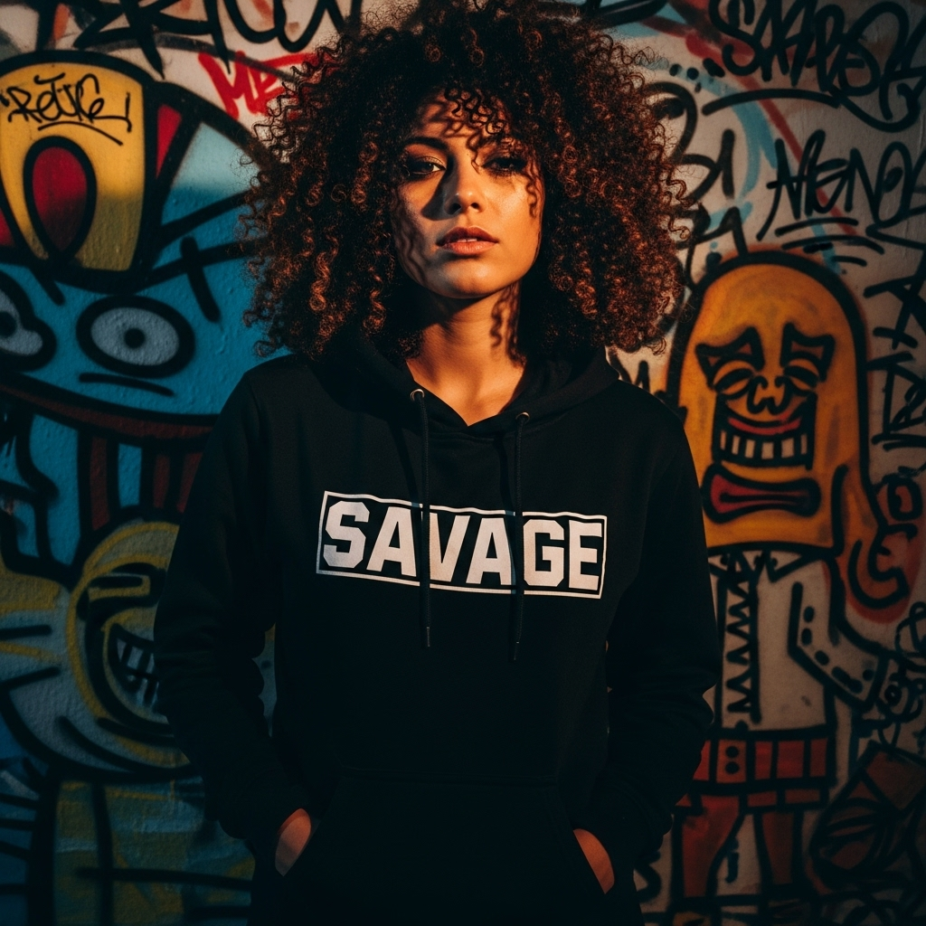 Young woman in black savage hoodie posing against colorful urban graffiti street art wall