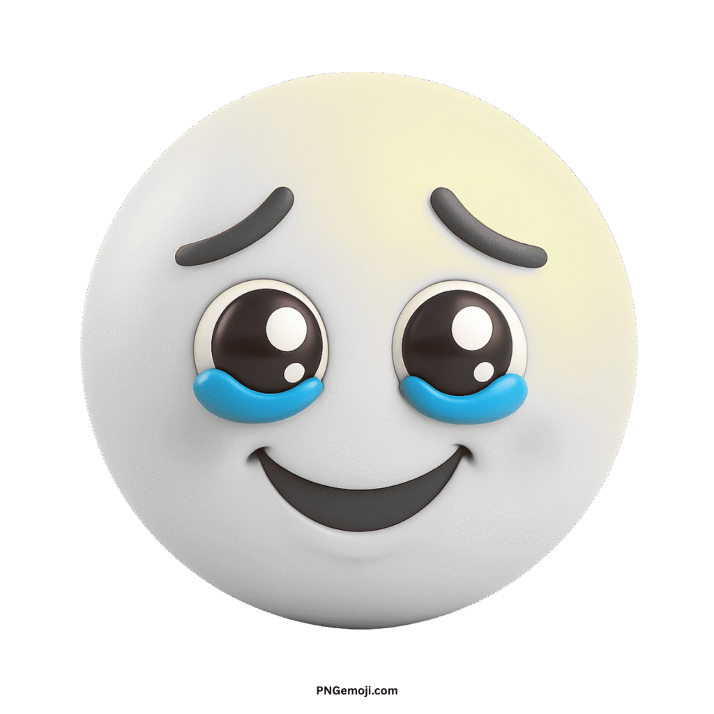  Very sad white 3D emoji with prominent blue tears, open eyes, and a slight smile.