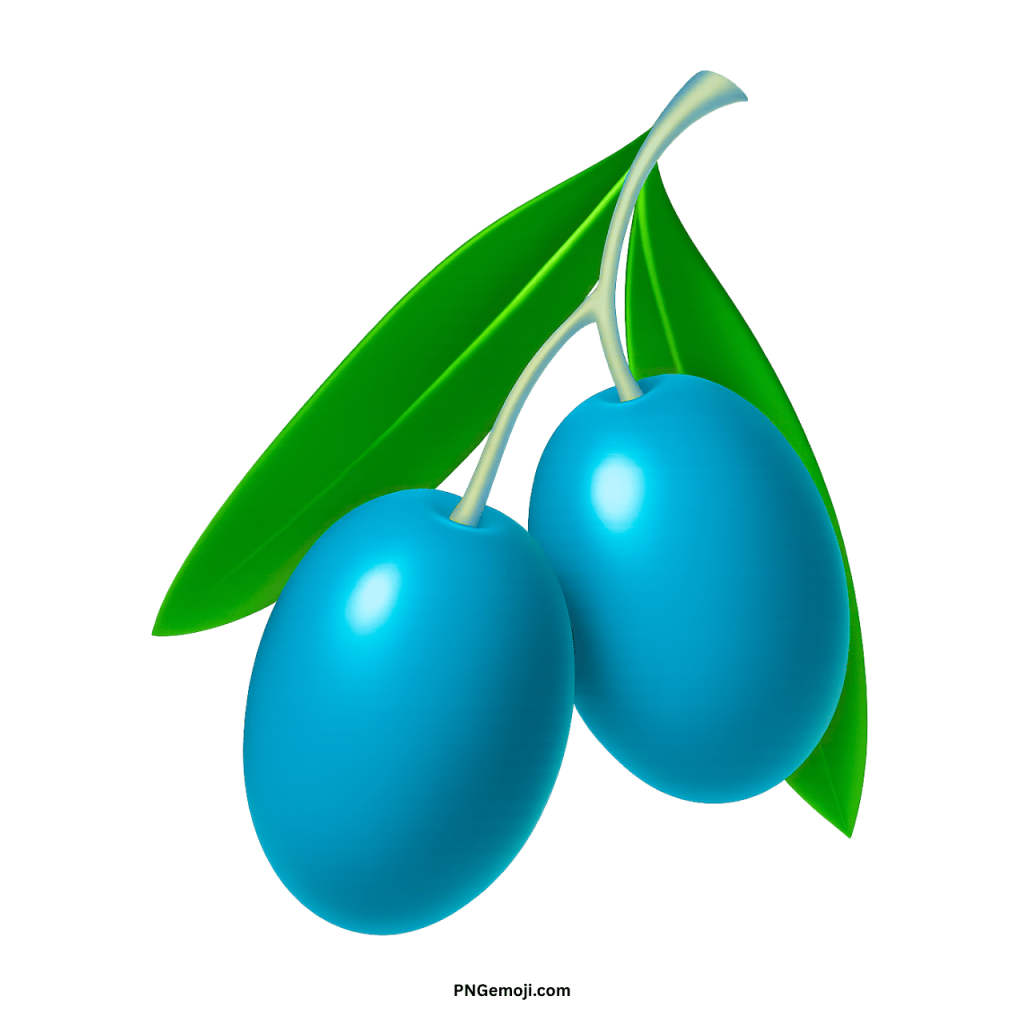 Two vibrant blue olives with green leaves on a delicate branch against a black background.