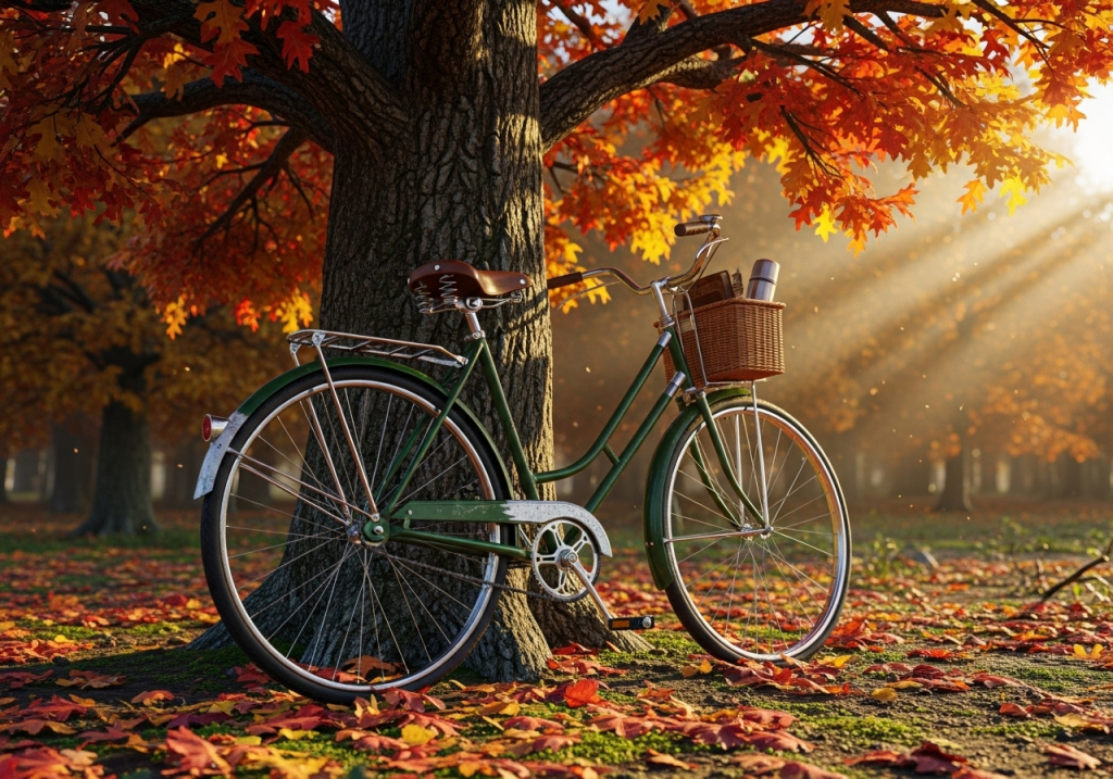 Vintage green bicycle under autumn tree with golden sunlight and falling leaves