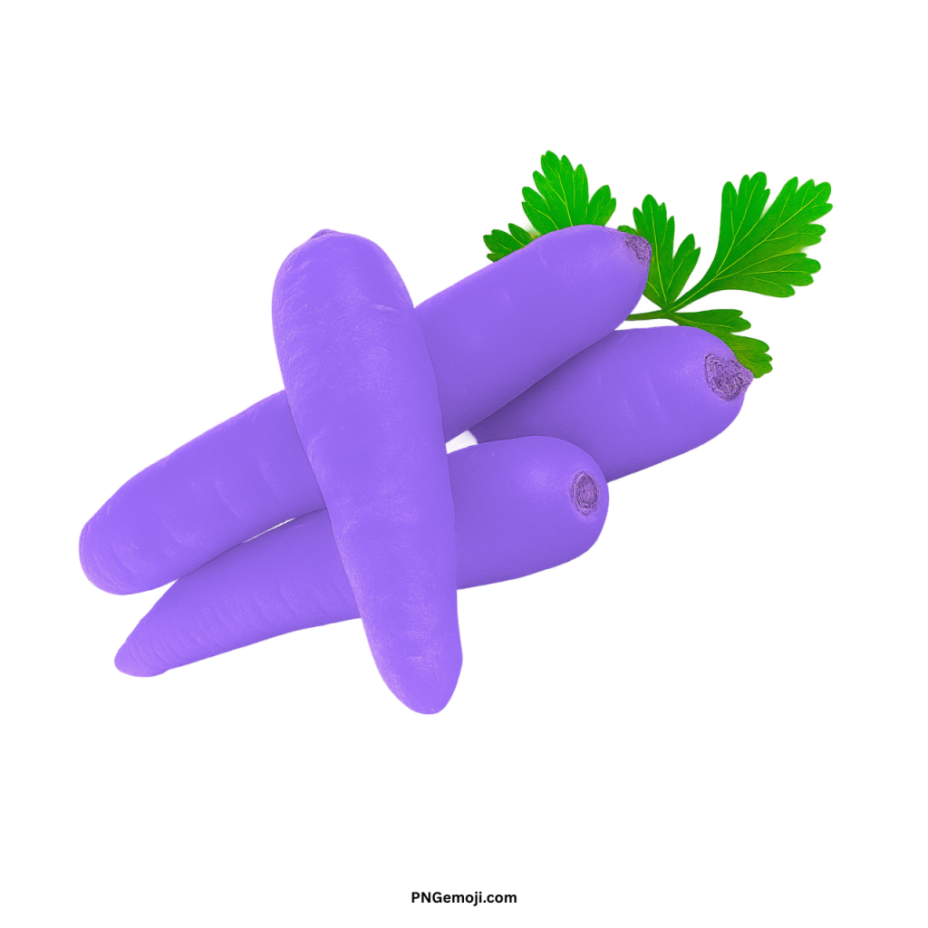 Unique violet carrot PNG with green leaves isolated on transparent background for creative food design