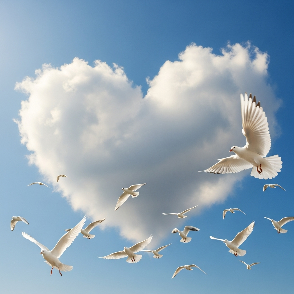 White doves flying around a heart-shaped cloud against a clear blue sky, symbolizing peace and love.