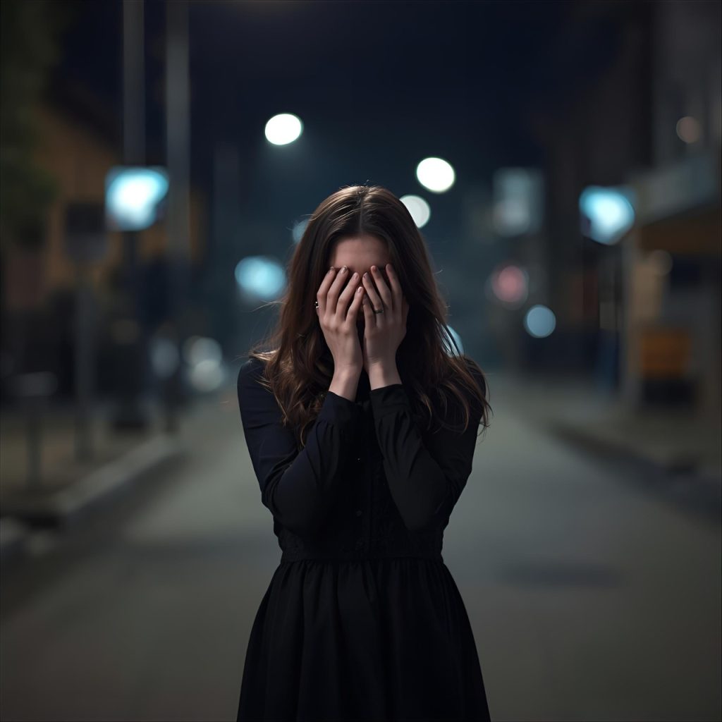 Woman in black dress covering face with hands on dark city street, blurred lights, emotional night scene.