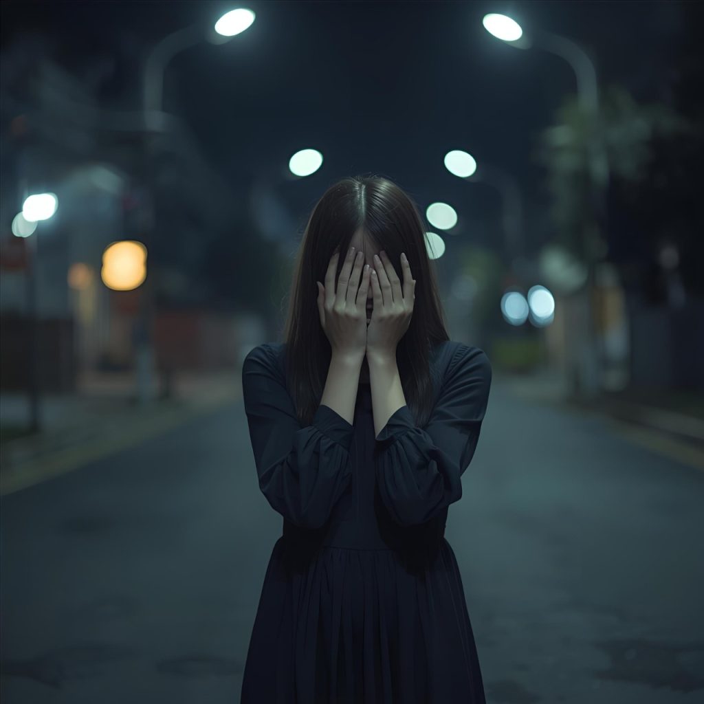 Woman in black dress covering face with hands on dark street, surrounded by glowing night lights, emotional scene.