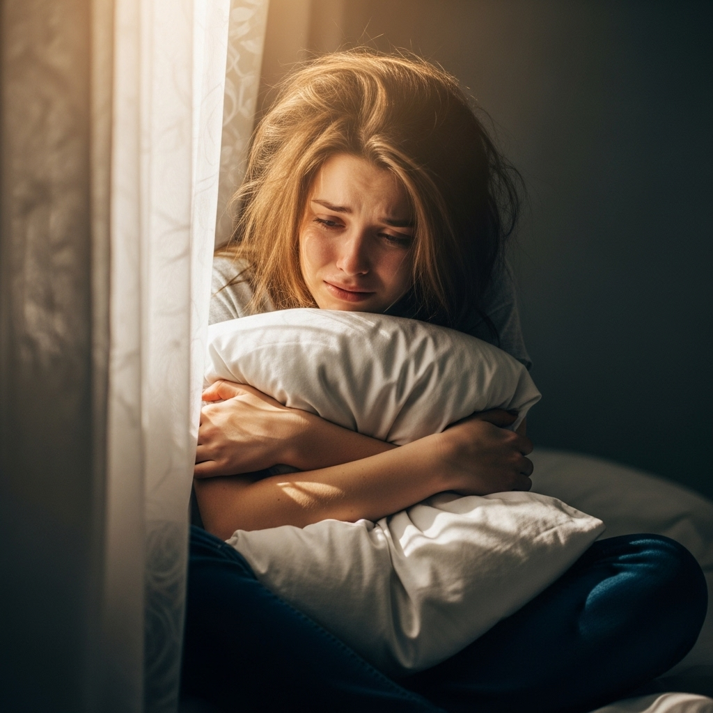 Woman with tears holding pillow in sunny room, emotional moment, soft light through curtains.