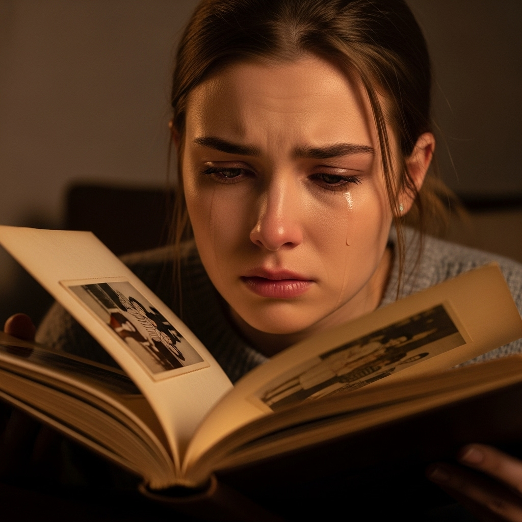 Woman with tears looking at old photo album, emotional memory, dim lighting, cozy indoor setting.