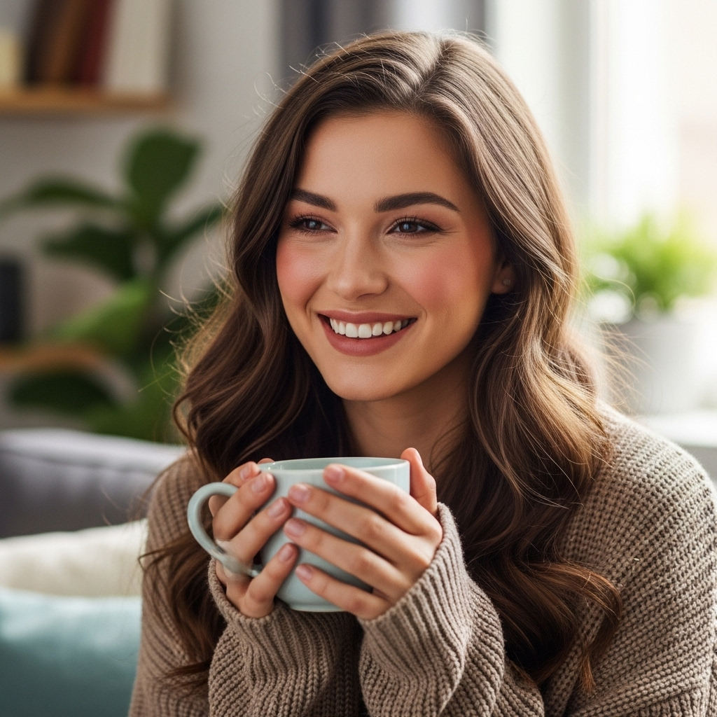 A smiling woman in a cozy sweater holding a coffee mug by a window with plants.