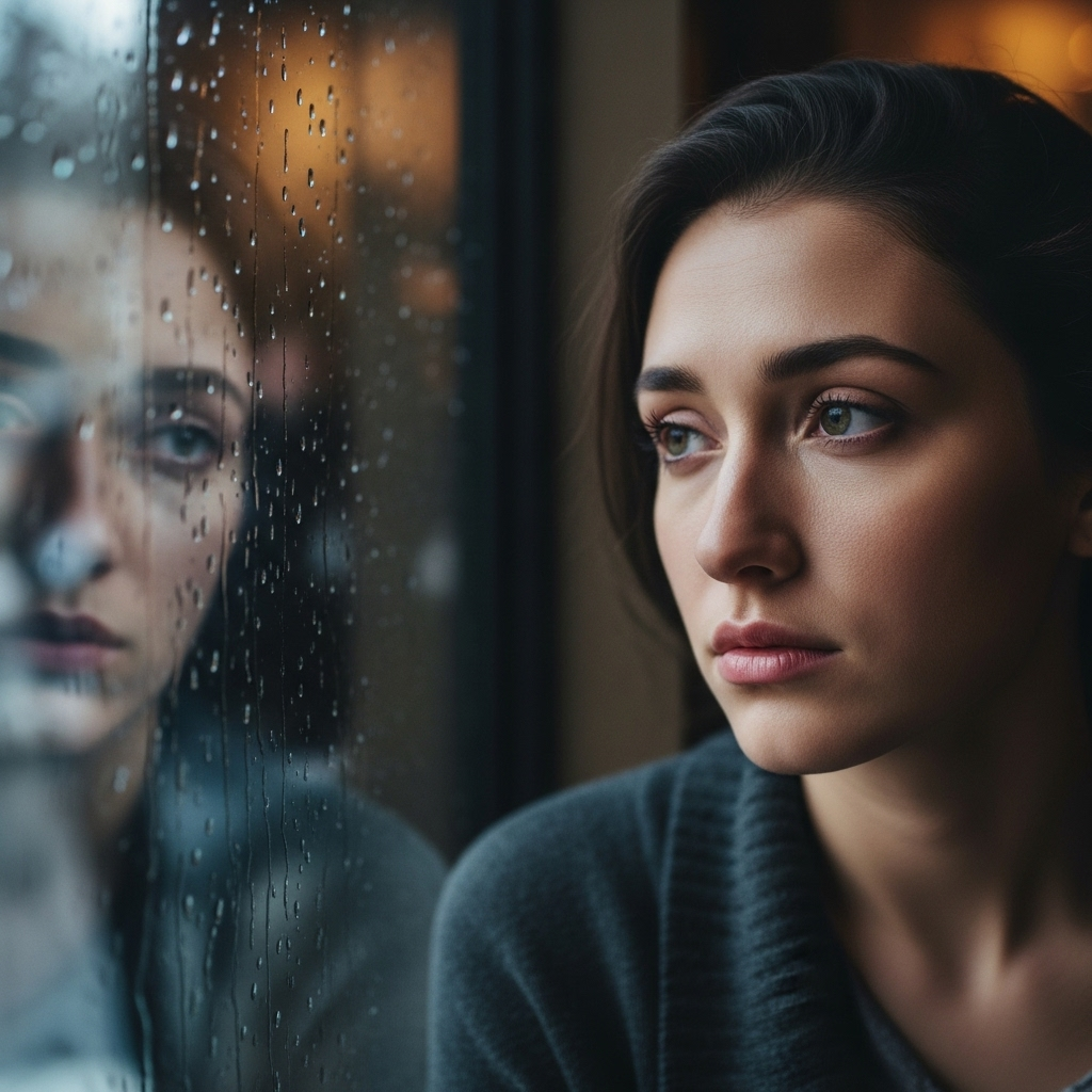 Woman in sweater gazing out rainy window, reflective mood, blurred reflection, cozy indoor setting.