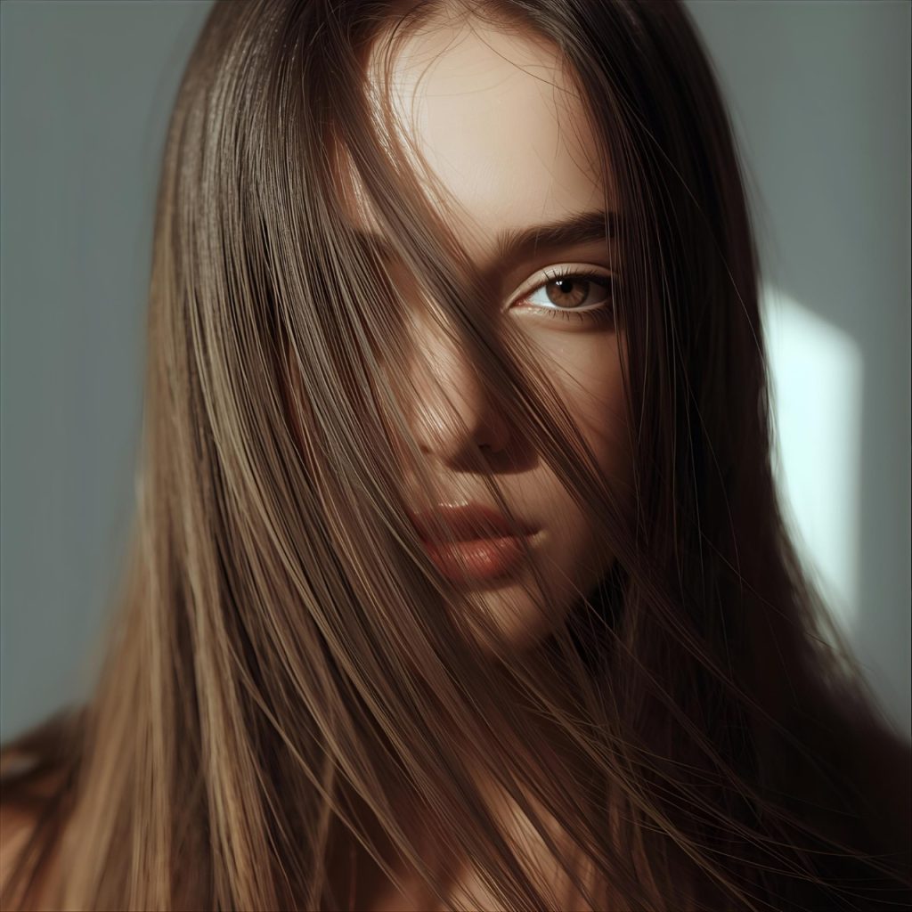 Young woman with long brown hair partially covering face, one eye visible, serene expression, soft blue background.