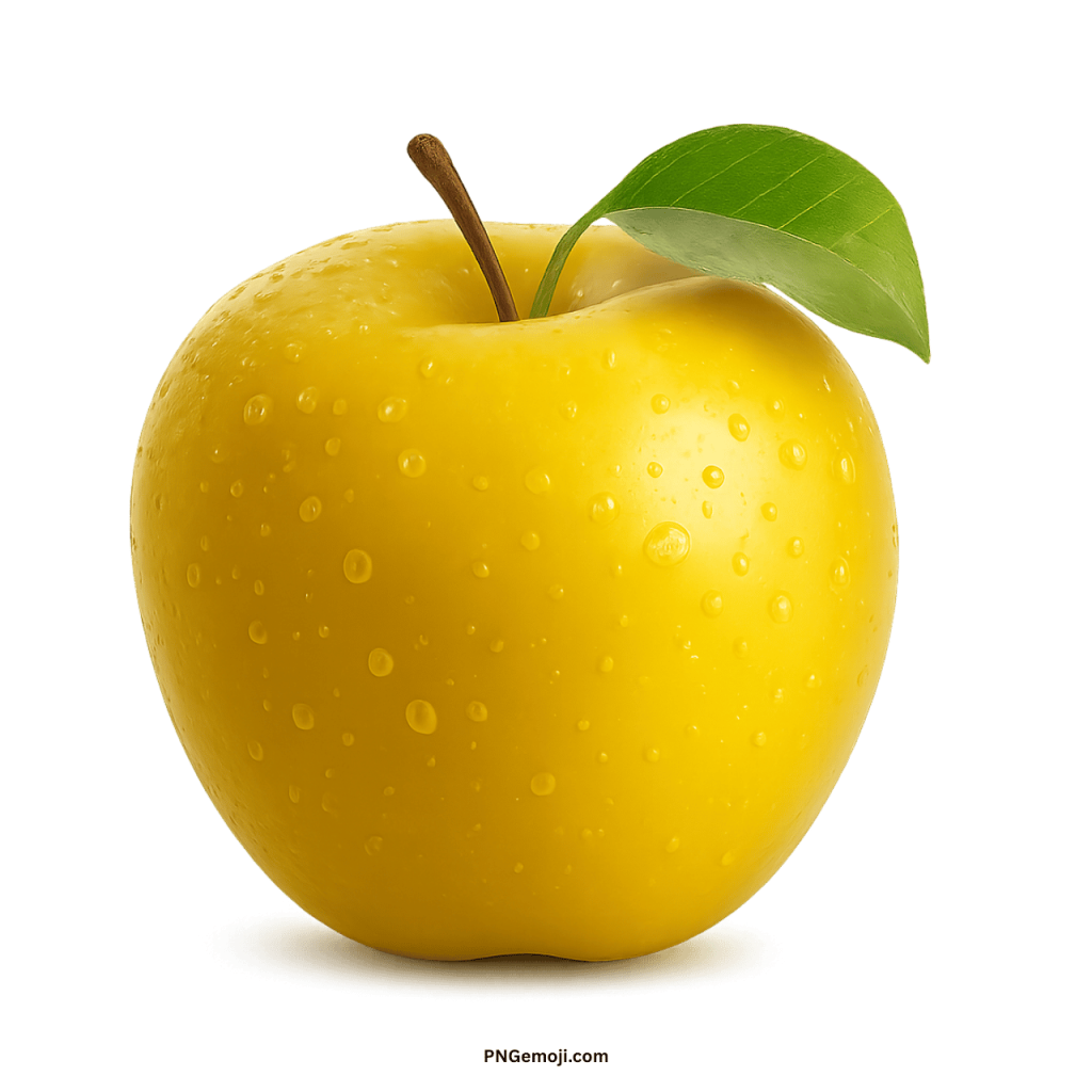 A bright yellow apple with a glossy finish, covered in water droplets and a fresh green leaf.