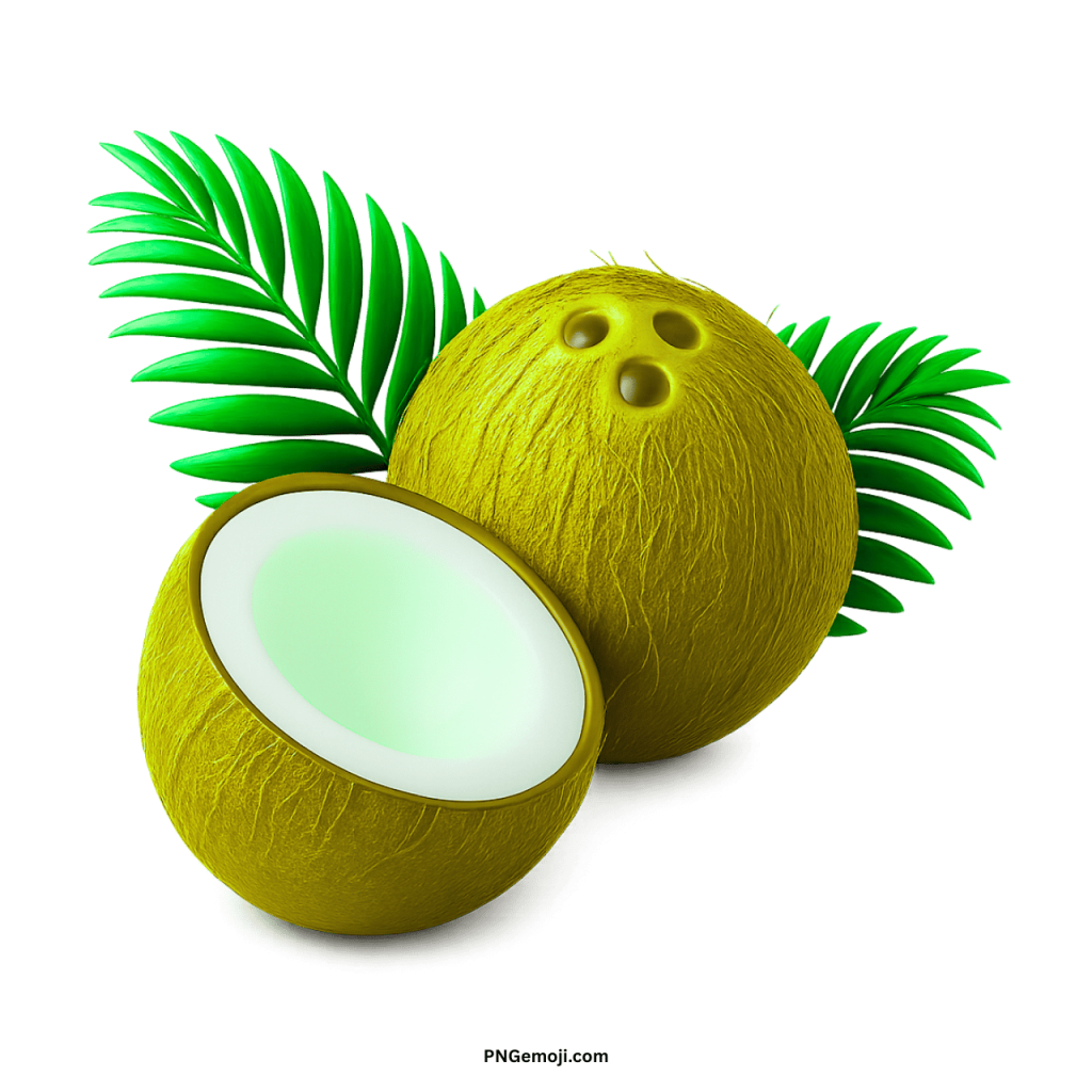 Yellow coconut PNG with tropical palm green leaves and half-open fruit illustration design