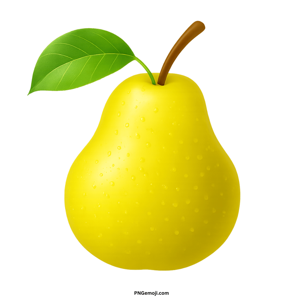 A vibrant, dew-covered yellow pear with a green leaf and a brown stem on a black background.