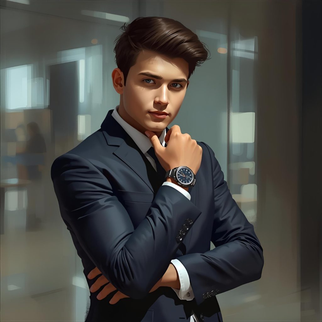 Young businessman in dark suit wearing watch posing confidently in modern office space