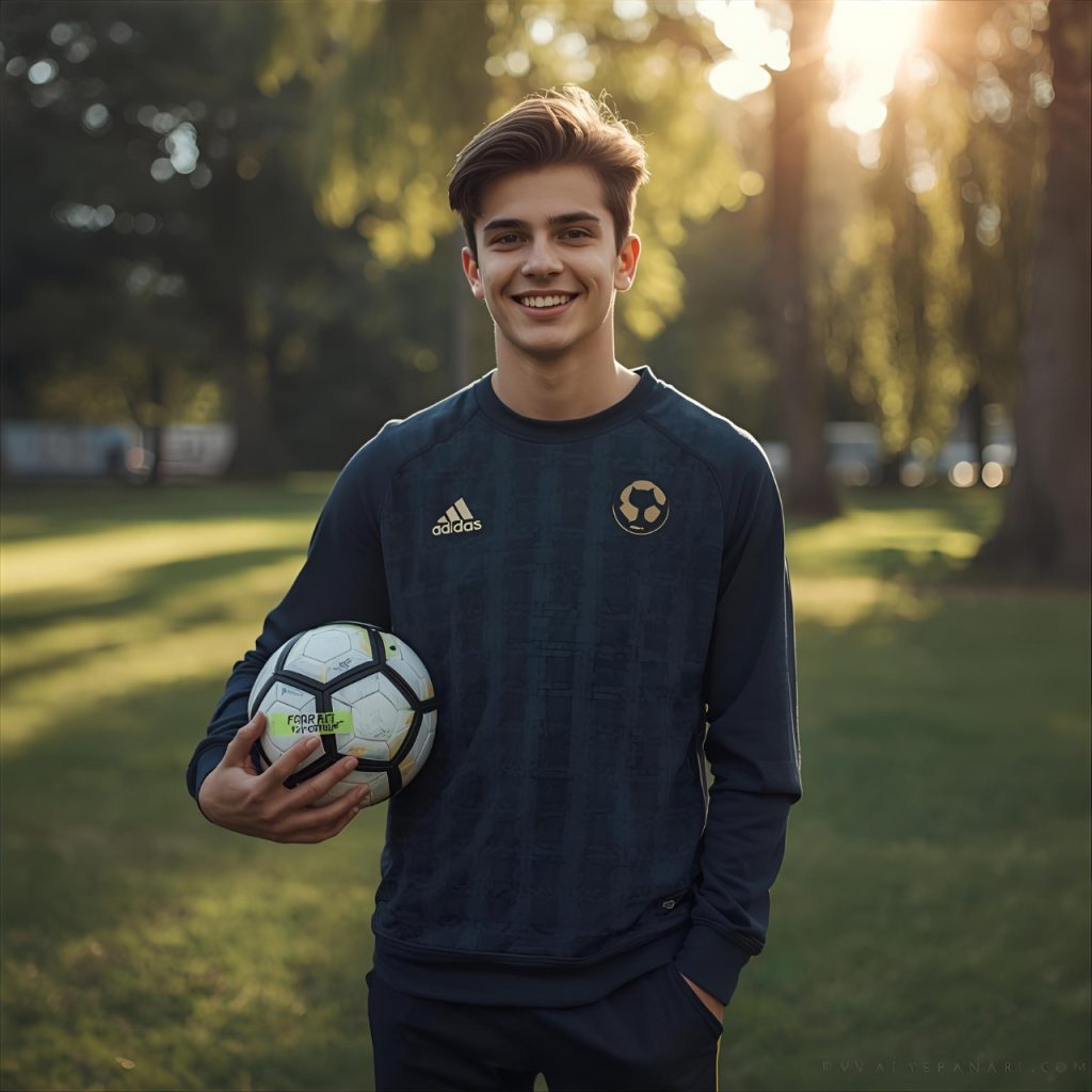 Smiling young football player holding soccer ball wearing Adidas jersey in outdoor green park
