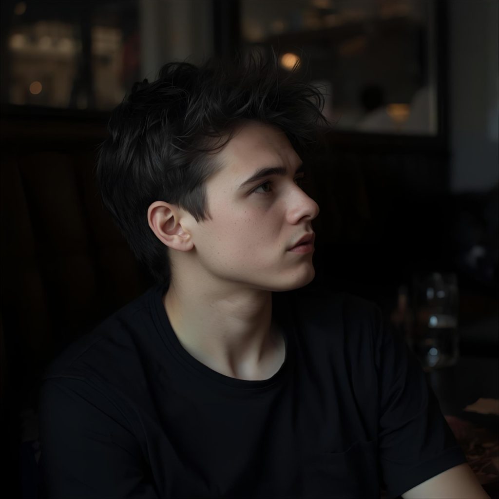 Young man in black t-shirt sitting indoors with thoughtful side profile view