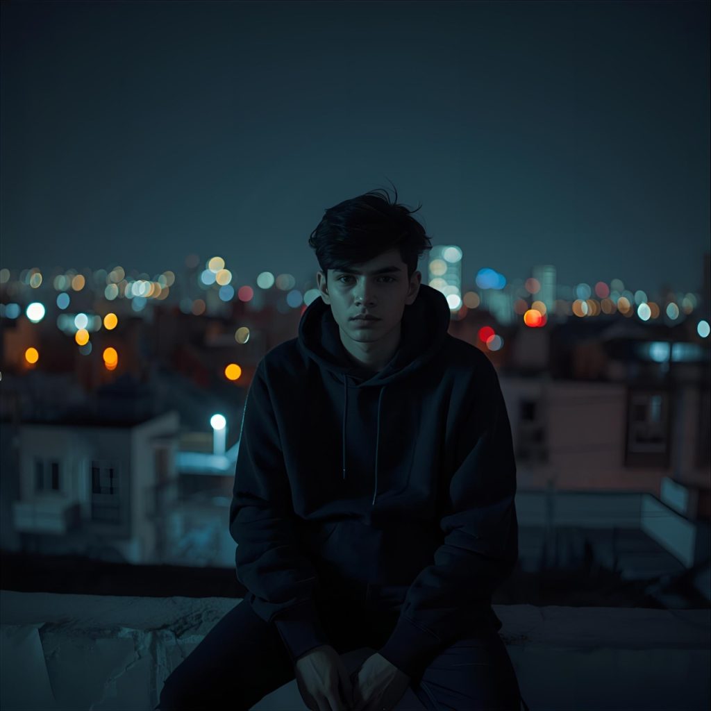 Young man in black hoodie sitting on rooftop at night with city lights behind