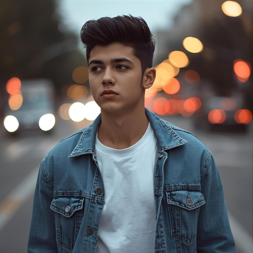 Young man in denim jacket standing on city street with blurred bokeh lights