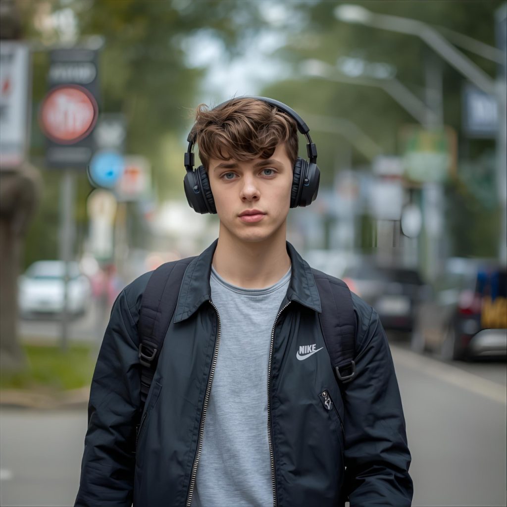 Young man wearing headphones walking on city street in casual Nike jacket