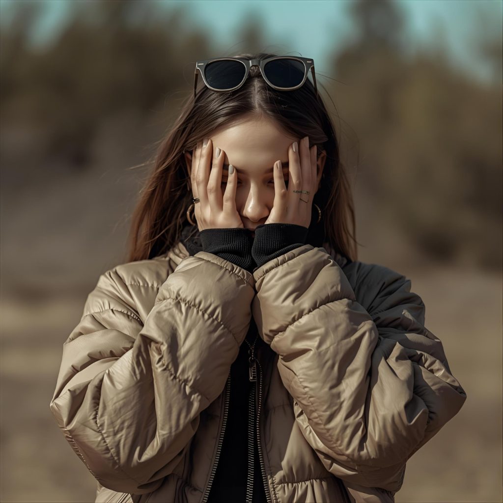 Young woman with sunglasses on head covering face with hands, beige puffer jacket, blurred outdoor background, emotional pose.