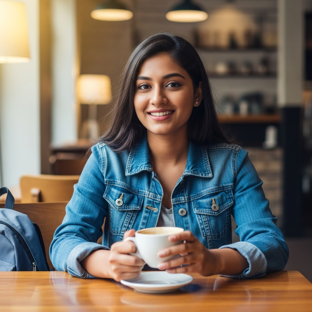 Smiling young woman in denim jacket enjoying coffee at cozy modern caf&eacute;