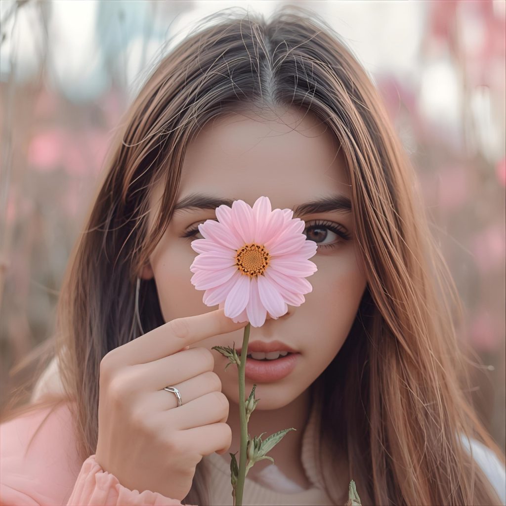 Young woman with long brown hair holding pink daisy flower, soft nature background, serene outdoor setting.