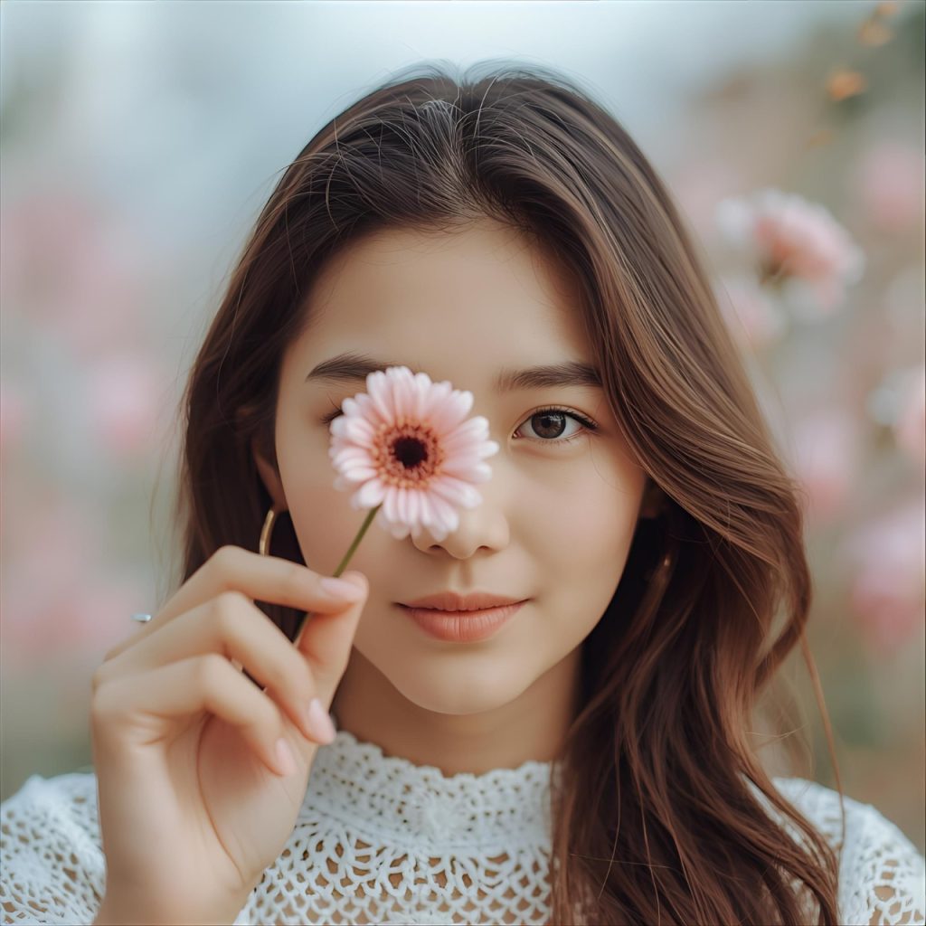 Young woman with brown hair holding pink gerbera daisy over eye, soft floral background, serene outdoor portrait.