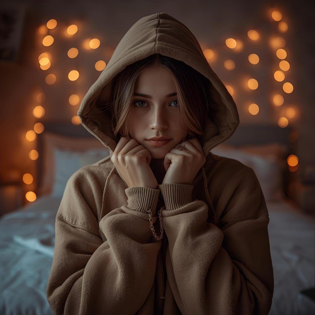 Young woman in beige hoodie with hands near face, cozy bedroom with warm fairy lights, soft evening portrait.