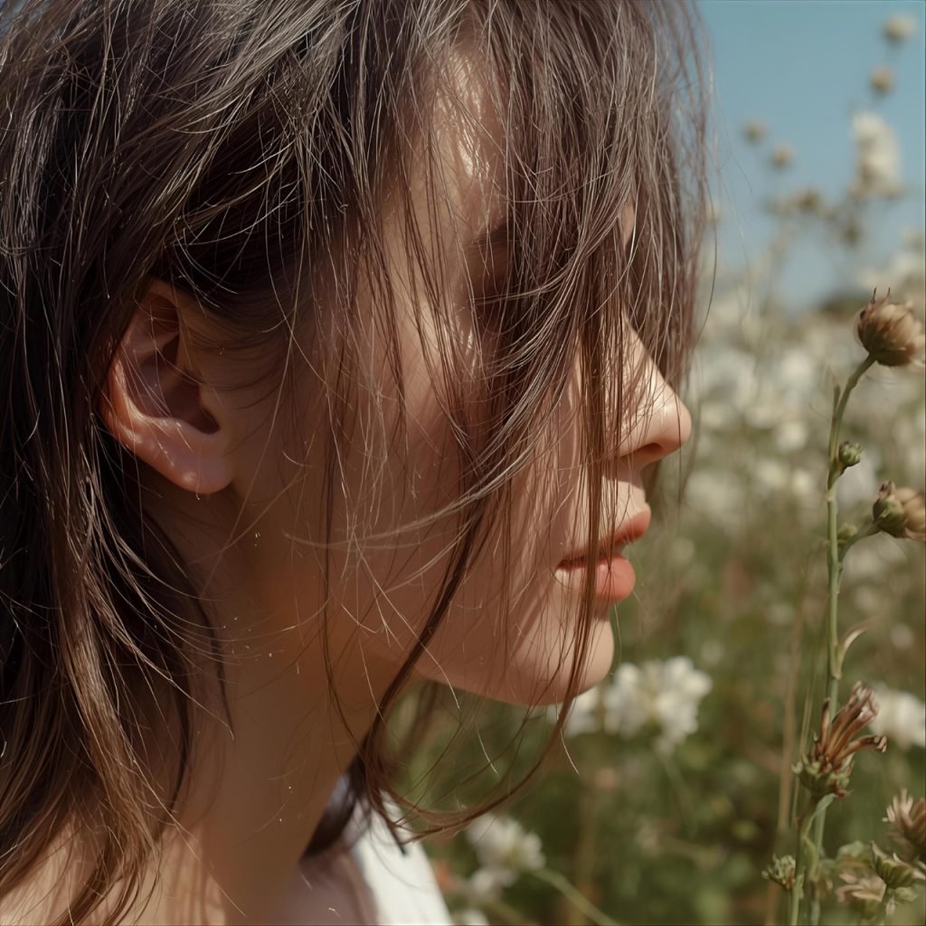 Young woman profile with long brown hair in wildflower field, clear blue sky, serene summer day portrait.