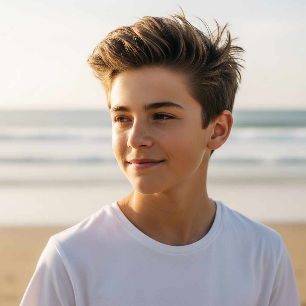 Cheerful teenage boy with tousled hair on sunny beach.