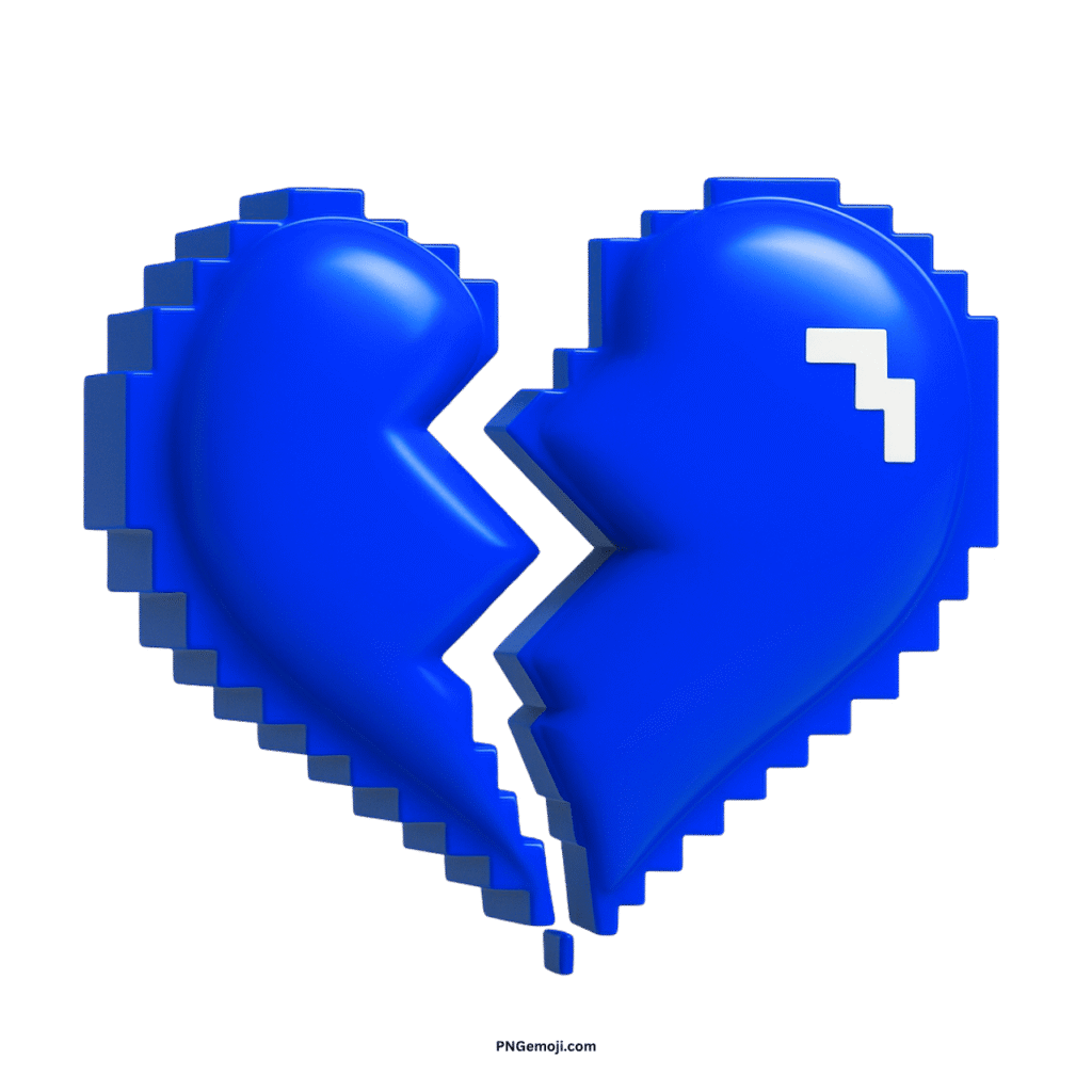 A 3D pixel art style blue heart, broken, with a small white pixelated error symbol.
