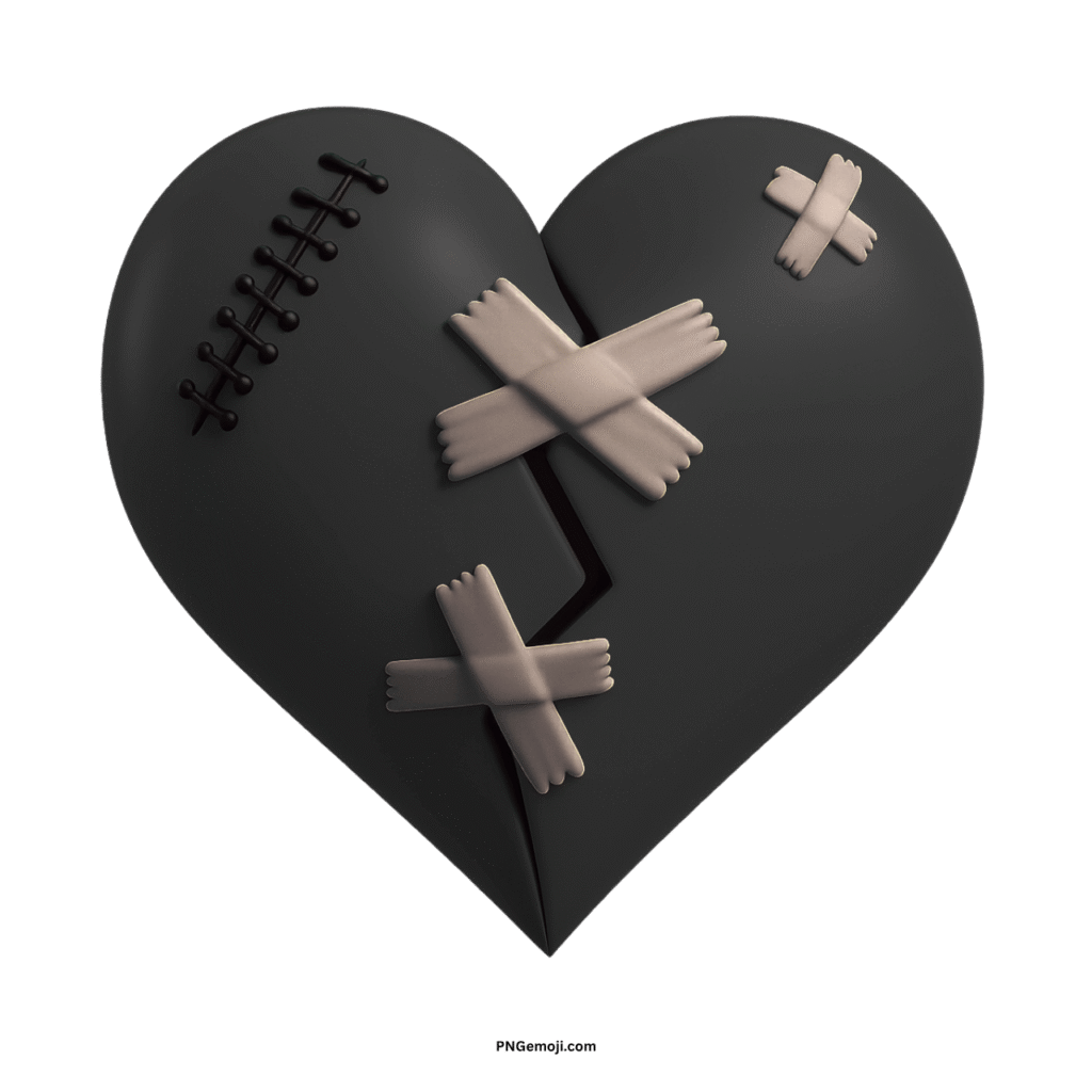A broken black heart mended with light bandages and dark stitches on a black background.